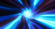 Blue hypertunnel spinning speed space tunnel made of twisted swirling energy magic glowing light lines abstract background
