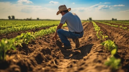 Wall Mural - Farmer Planting Seedling in Regenerative Agriculture Field, Sustainable Farming and Eco-Friendly Agriculture Concept.