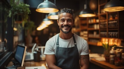 happy man standing at doorway of store.