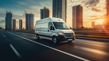 Modern Delivery Shipment Cargo Courier Van Moving Fast On Motorway Road, Business Logistics Express Service.