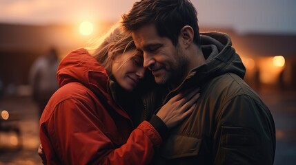 Canvas Print - A Couple offering a comforting hug to console girlfriend on a winter.