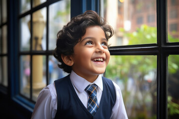 Canvas Print - Cute little boy in school uniform, looking out of from window