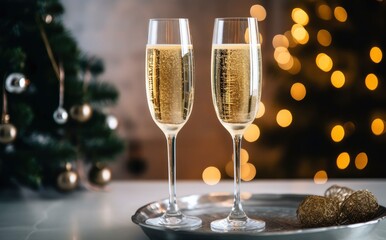 Glasses with champagne on the background of Christmas decorations.