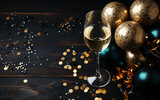 Fototapeta  - tło świąteczne, toast, kieliszki z szampanem, ozdoby świąteczne w kolorach złotym, srebrnym, drewniany stół