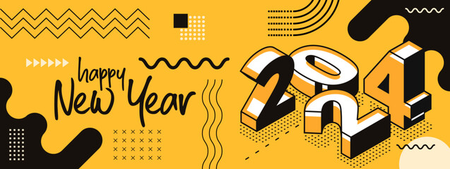 Wall Mural - happy new year 2024 retro style cover with modern geometric abstract background with isometric. happy new year greeting card banner design for 2024 resolution. Yellow black Vector illustration