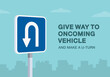 Safe driving tips and traffic regulation rules. Give way to oncoming vehicle and make a u-turn road sign. Close-up view. Flat vector illustration template.