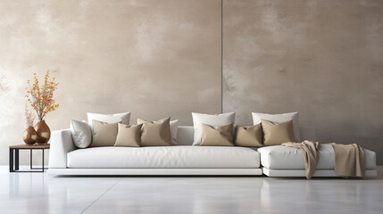 White sofa with beige pillows against concrete wall. Minimalist home interior design of modern living room. -