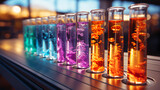 Fototapeta  - Multi-colored glass flasks and flasks with chemical test tubes in a scientific medical microbiological laboratory with research equipment