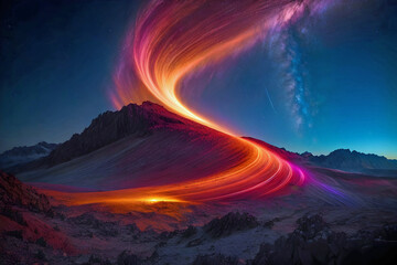 Geometric Cosmic Ribbon Trail Left Across a Beautiful Nightime Lanscape Generative AI