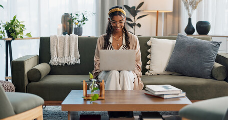 Sticker - Laptop, freelance and happy woman on sofa for social media, research or reading at home. Tech, remote work or female entrepreneur online in living room with email, learning or upskill training course