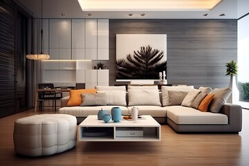 Wall Mural - Modern living room with sofa and furniture.