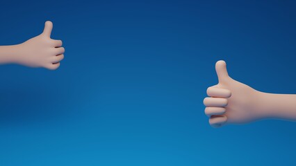 3D cartoon thumb up hand gesture isolated on blue background. Hand thumb up or like sign.