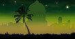 Exotic palm tree with stars and cityscape on green background