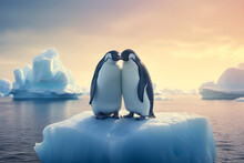 Cute Penguins In Love On Ice