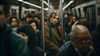 Crowded subway train carrying people in rush hour on their way home, everybody looking tired