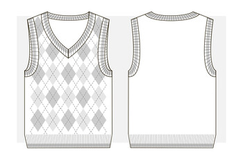 Wall Mural - Knitted vest with v-neck and diamond pattern. Technical sketch.