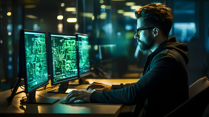 the power of digital technology with a focus on a software engineer utilizing a computer with lines 