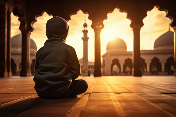 Wall Mural - little muslim boy praying in the mosque