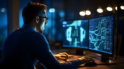The power of digital technology with a focus on a software engineer utilizing a computer with lines of code, data analysis, and AI algorithms to improve business operations