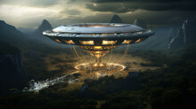 UFO, An Alien Saucer Hovering Above The Field In The Clouds