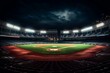Nighttime view of a spacious baseball stadium infield playground. Generative AI