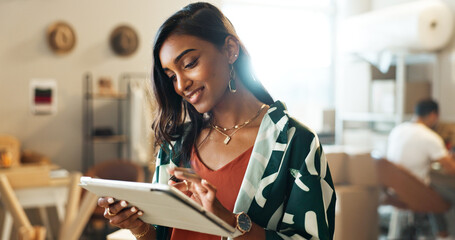 Poster - Businesswoman, tablet and smile for startup, ecommerce and online marketing. Woman, technology and website for design company, work and inventory check for supply chain, manager and strategy plan