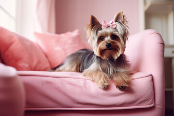 Wall Mural - Cute Yorkshire Terrier dog with long fur and ribbon lying on pink couch. 