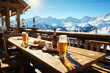 Panorama with Radiant Sun in a Mountain Hut Featuring a Table with Beer and Snacks