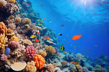 Wall Mural - Underwater with colorful sea life fishes and plant at seabed background, Colorful Coral reef landscape in the deep of ocean. Marine life concept, Underwater world scene.