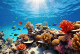 Fototapeta Do akwarium - Underwater with colorful sea life fishes and plant at seabed background, Colorful Coral reef landscape in the deep of ocean. Marine life concept, Underwater world scene.