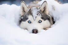 Siberian Husky Dog Is Lying In The Snow In Winter.