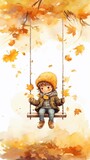 Fototapeta Dziecięca - a little boy reading in autumn atmosphere watercolor style with space for text, background image, vertical format, generative AI