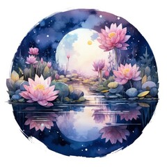 Floral Moon and Water Lilies on a white background.