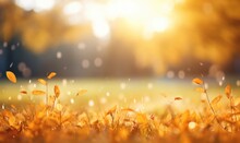 Beautiful Autumn Leaves At The Grass Ground, Bokeh Background With Empty Space A Center. Warm Colors. Seasonal Banner, Made With Generative AI