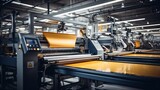Fototapeta  - Textile industrial sewing machines at work in a factory, weaving a fabric manufacturing plant
