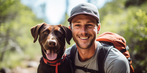 Wall Mural - man with dog climbing a mountain