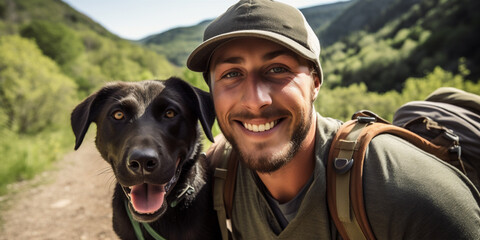 Wall Mural - man with dog climbing a mountain