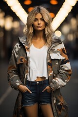 Poster - Model in an oversized jacket paired with skinny jeans and heels.