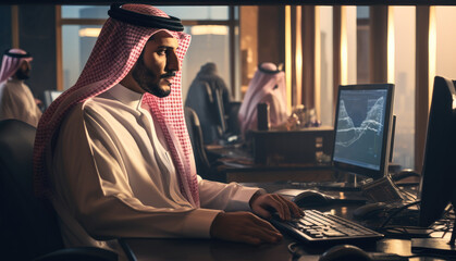 A Qatari CEO sitting in his office with IT managed services behind him.