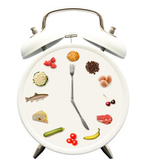 Poster - alarm clock with food in place of numbers and fork knife instead of hands, time for meal or concept