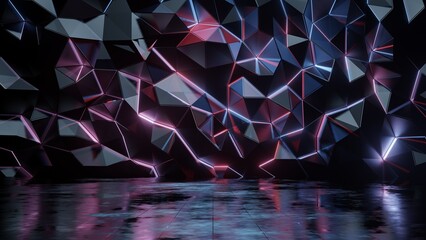 Wall Mural - 3d rendering of abstract polygon shape with glow light and reflection on grunge wet floor. for techn