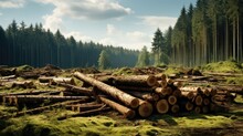 Felling of trees, Freshly felled trees in the woods, Cut trees in a row, The woods cutting area, Forest protection concept.