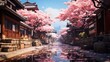 Cherry Blossoms, Idyllic Old Japan Street in Spring, Travel and holidays concept.