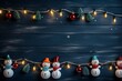 a colorful christmas border with mistletoe, snowman and little lamps tumblr, navy background for flat lay, generative ai