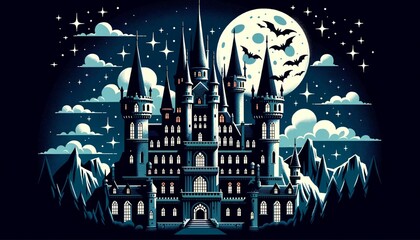illustration of dracula's magnificent castle at night