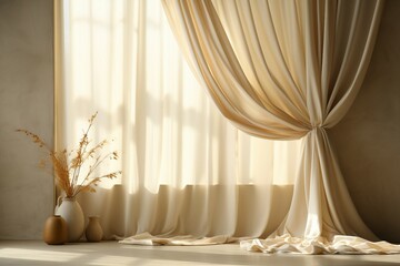 a room with a curtain and vases