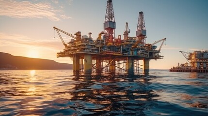 Poster - Petroleum production, Platform Oil drilling derricks at sea oilfield.