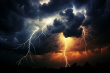 Lightning On A Stormy Sky. Branched Thunderstorm In Dark Night Clouds