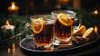 verres de vin chaud de Noël avec oranges et épices sur table en bois, ambiance chaleureuse