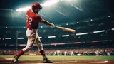 Fototapeta Sport - Baseball player hits the ball with a bat in a stadium filled.